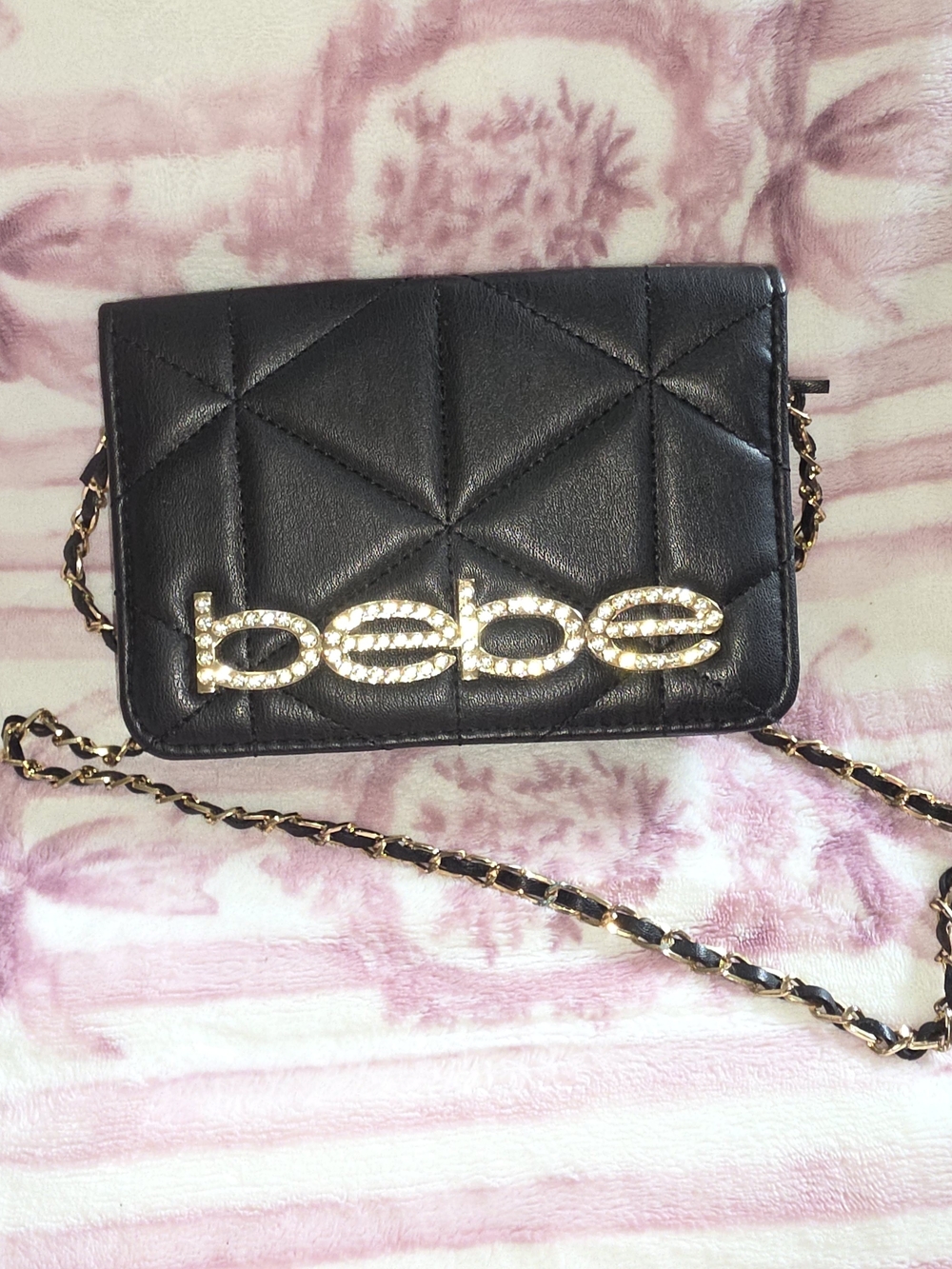 bebe Black Quilted Crossbody with Gold Logo and Chain